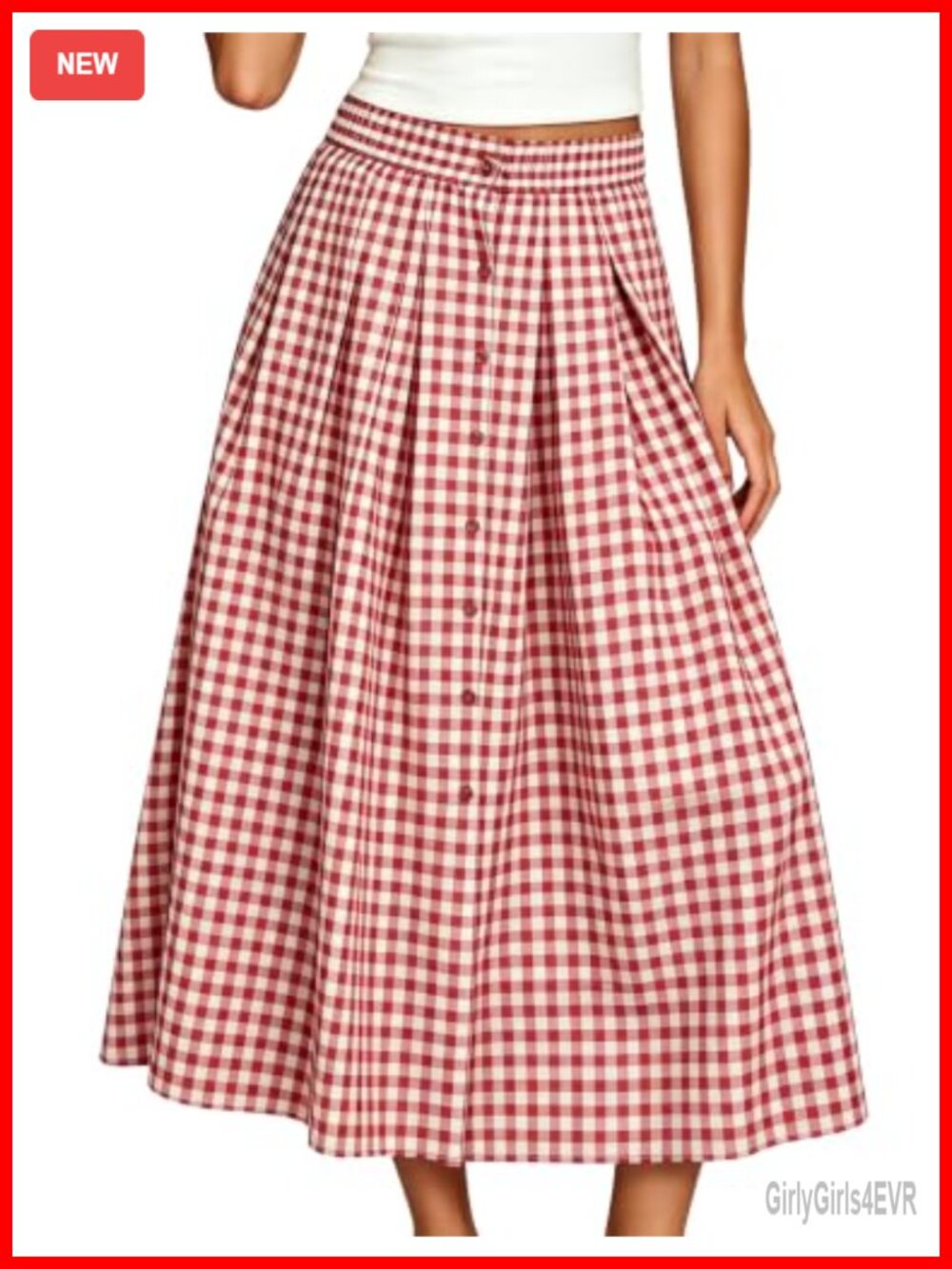 Women's Gingham Pleated Midi A-Line Skirt Elastic High Waist Side Pockets